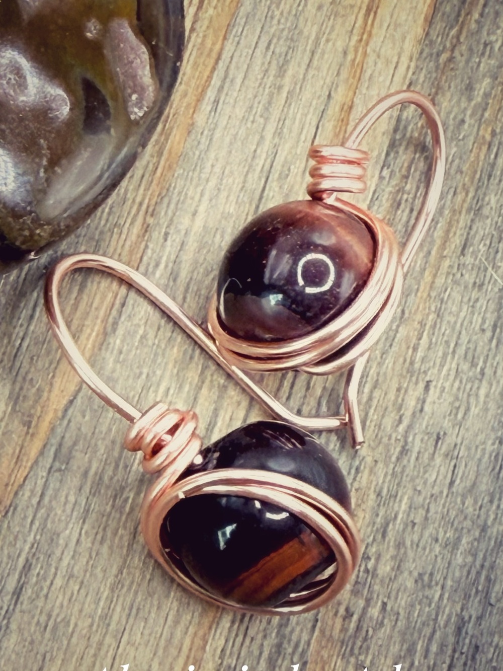 Handmade Copper Wire Wrapped Brown Stone Drop Earrings